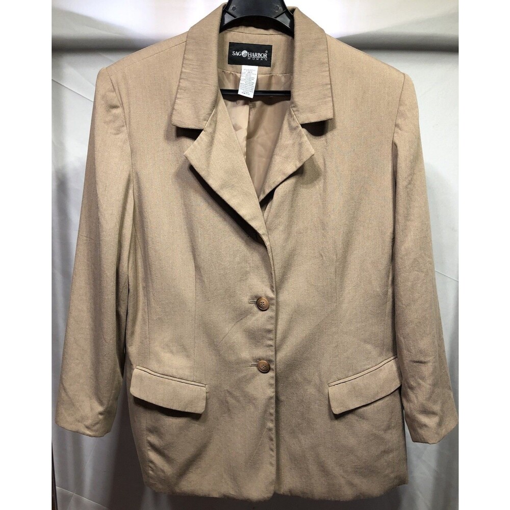 Sag Harbor blazer jacket 18W Tan 3 button notch collar pockets Career Office